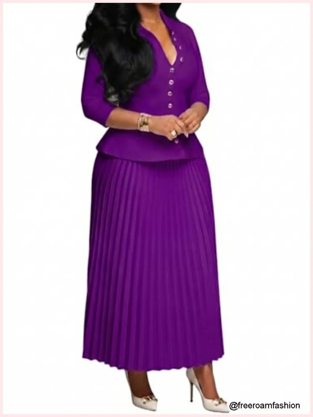 Women 2 Piece Skirt Set 3/4 Sleeve Top Pleated Maxi Skirt Outfit Church Wedding